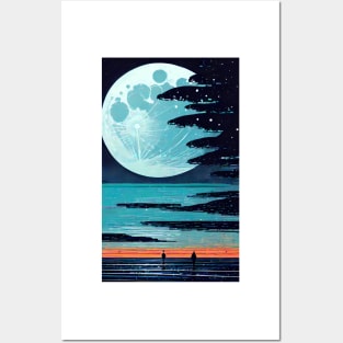 Vibrant Blue Moon bay abstract line art Posters and Art